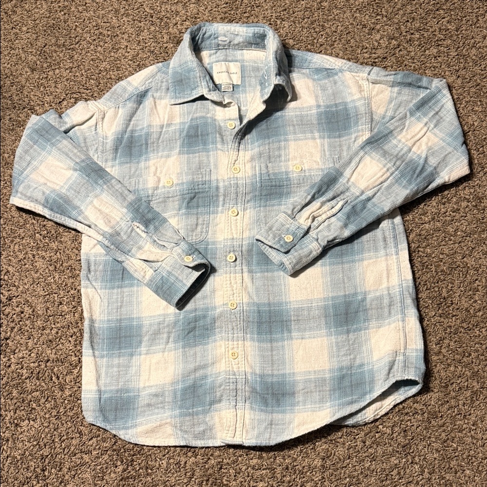 American Eagle Outfitters Light Blue and Cream Plaid Shirt